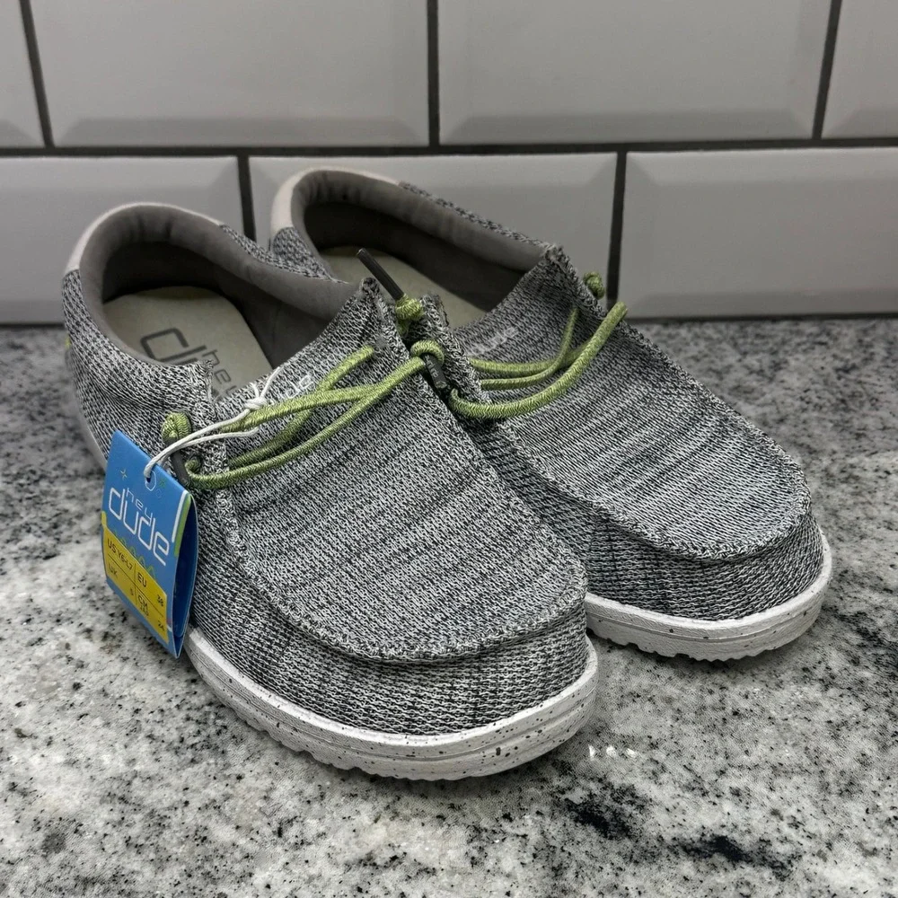 New Hey Dude Kids Y6 Wally Youth Sox Stone White Grey Lime Moccasin Loafer Shoe